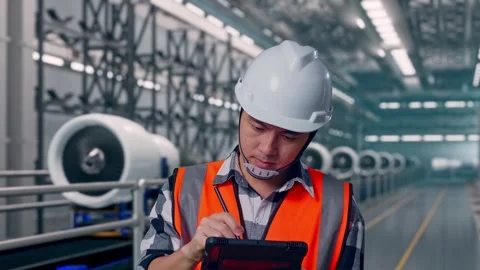 Asian Male Engineer Taking Note On The Tablet, Aircraft Engine Factory Video stock 314590552