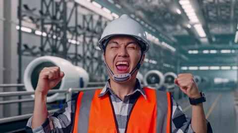 Asian Male Engineer Taking Note On The Tablet, Aircraft Engine Factory Video stock 314590570