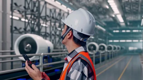 Asian Male Engineer Taking Note On The Tablet, Aircraft Engine Factory Video stock 314590838