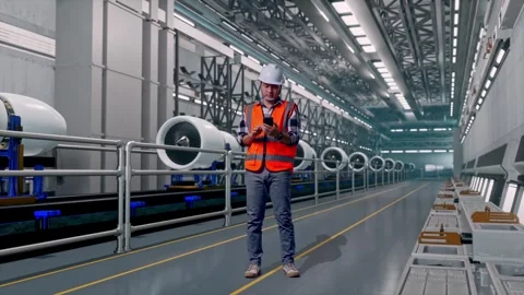 Asian Male Engineer Taking Note On The Tablet, Aircraft Engine Factory Video stock 314591148