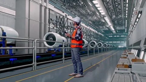 Asian Male Engineer Taking Note On The Tablet, Aircraft Engine Factory Video stock 314591237