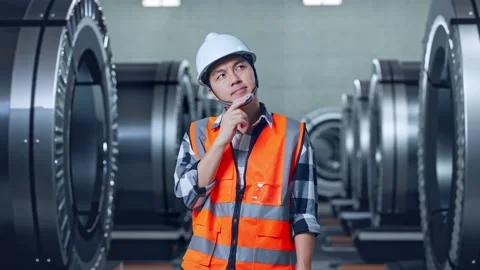 Asian Male Engineer Thinking About Something In Metal Factory Stock Footage 279796554