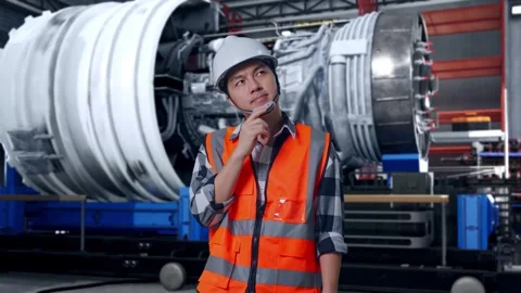 Asian Male Engineer Thinking About Something With Jet Engine Stock Footage 306599187
