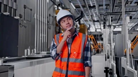 Asian Male Engineer Thinking About Something, Battery Factory Stock Footage 314933984