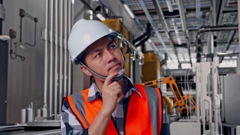 Asian Male Engineer Thinking About Something, Battery Factory Stock Footage 314934840