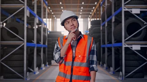 Asian Male Engineer Thinking About Something at Tire Warehouse Stock Footage 341786401