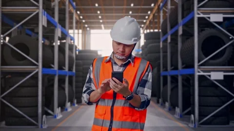 Asian Male Engineer Using Smartphone at Tire Warehouse Video stock 341786510