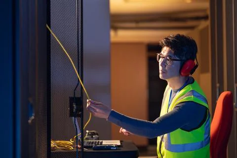 Asian male engineer wearing ear plugs touching a wire in computer server room Stock Photos