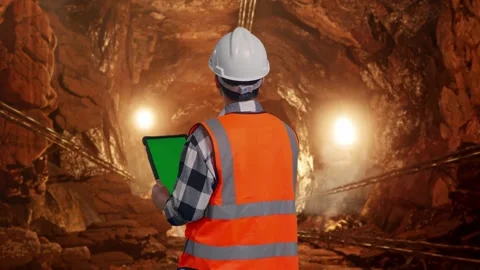 Asian Male Engineer Working On A Green Screen Tablet In Mine tunnel Stock Footage 299569531