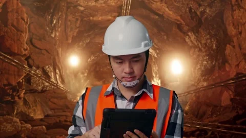 Asian Male Engineer Working On A Tablet In Mine tunnel Stock Footage 299569843