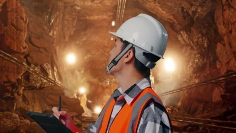Asian Male Engineer Working On A Tablet In Mine tunnel Stock Footage 299571670
