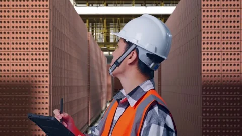 Asian Male Engineer Working On A Tablet With Brick In Stacks Stock Footage 303760881