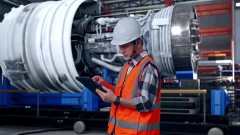 Asian Male Engineer Working On A Tablet With Jet Engine Stock Footage 306599582