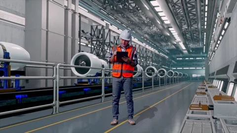 Asian Male Engineer Working On A Tablet, Aircraft Engine Factory Video stock 314591136