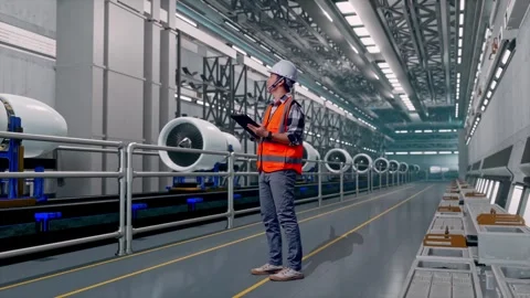Asian Male Engineer Working On A Tablet, Aircraft Engine Factory Video stock 314591230