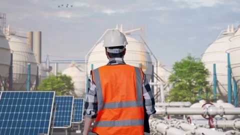 Asian Male Holding Tablet While Walking at Energy Complex Stock Footage 330174158