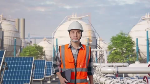Asian Male Holding Tablet While Walking at Energy Complex Stock Footage 330174930