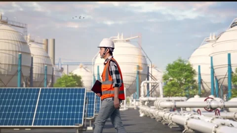 Asian Male Holding Tablet While Walking at Energy Complex Stock Footage 330175107