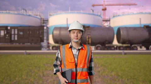 Asian Male Holding Tablet While Walking at Oil Refinery Stock Footage 340137086