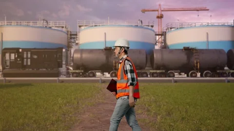 Asian Male Holding Tablet While Walking at Oil Refinery Stock Footage 340137313