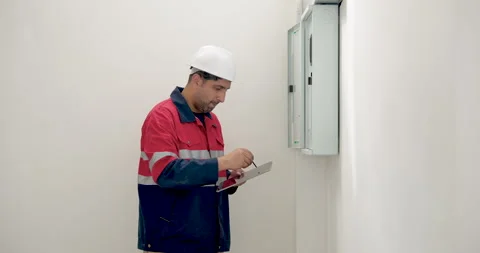 Asian male inspector stands alone with document, pointing toward unfinished wall Stock Footage 337632003