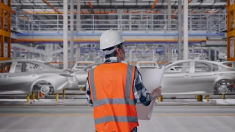 Asian Male Looking At Blueprint While Walking In Car Factory Stock Footage 331580857