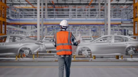 Asian Male Looking At Blueprint While Walking In Car Factory Stock Footage 331581579