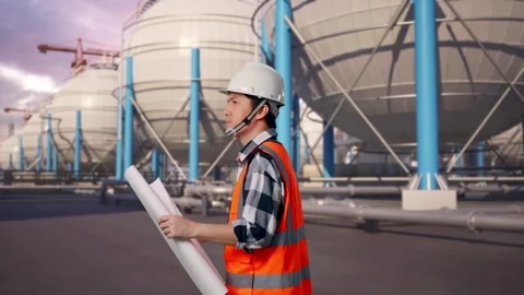 Asian Male Looking At Blueprint While Walking with Spherical Tank Stock Footage 334538460