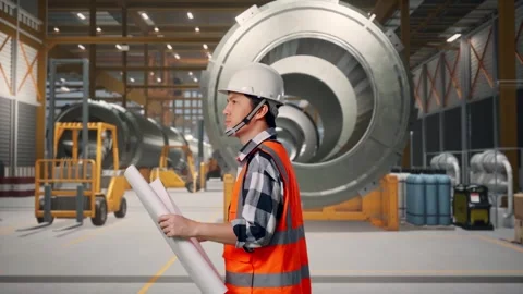 Asian Male Looking At Blueprint While Walking at Heavy Factory Stock Footage 340145885