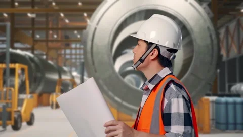 Asian Male Looking At Blueprint While Walking at Heavy Factory Stock Footage 340146587