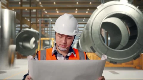 Asian Male Looking At Blueprint While Walking at Heavy Factory Stock Footage 340147239