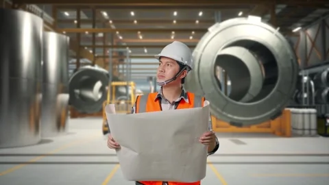 Asian Male Looking At Blueprint While Walking at Heavy Factory Stock Footage 340147895