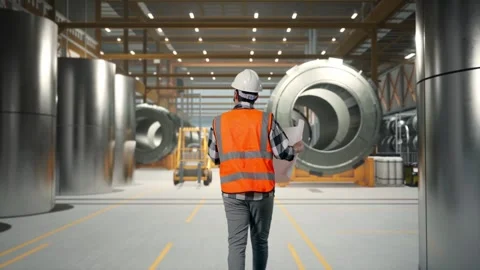 Asian Male Looking At Blueprint While Walking at Heavy Factory Stock Footage 340148029