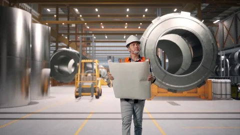 Asian Male Looking At Blueprint While Walking at Heavy Factory Stock Footage 340148244