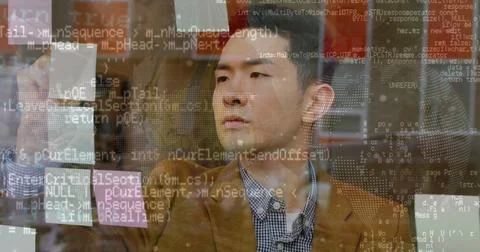 Asian male, looking at computer screen, wearing brown jacket Stock Photos