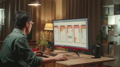 Asian Male Mobile Application Developer Works And Drinking Coffee With Graphics Stock Footage 157777376