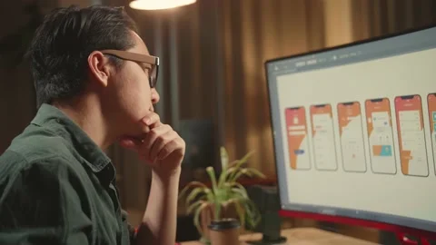 Asian Male Mobile Application Developer Thinking While Works With Graphics Stock Footage 157777788