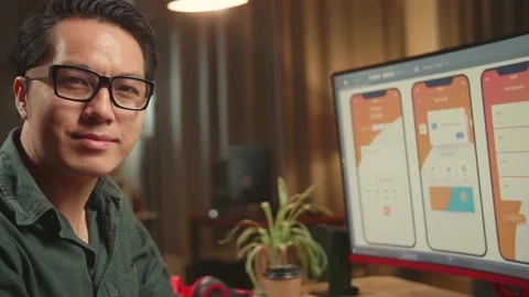 Asian Male Mobile Application Developer Works With Graphics On His Personal Stock Footage 157777994