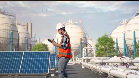 Asian Male Taking Note on Tablet While Walking at Energy Complex Stock Footage 330175106