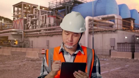 Asian Male Taking Note on Tablet While Walking at Gas Plant Stock Footage 337757048