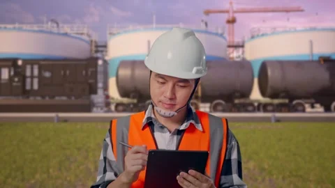 Asian Male Taking Note on Tablet While Walking at Oil Refinery Stock Footage 340136389