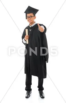 Asian male university student in graduation gown thumb up Stock Photos