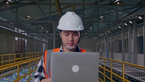 Asian Male Use Computer While Walking, Plastic Recycling Factory Stock Footage 315372351