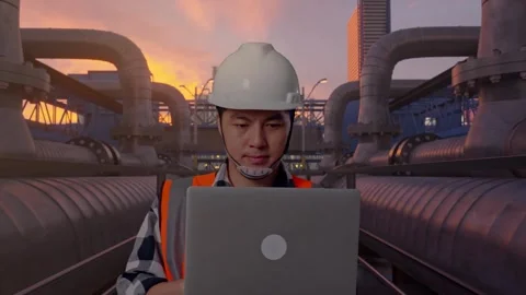 Asian Male Use Computer While Walking with Industrial Pipeline Stock Footage 318079722