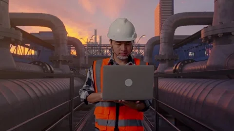 Asian Male Use Computer While Walking with Industrial Pipeline Stock Footage 318079841