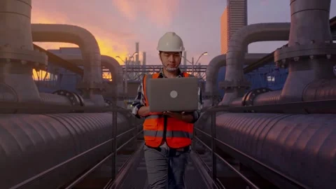 Asian Male Use Computer While Walking with Industrial Pipeline Stock Footage 318080207