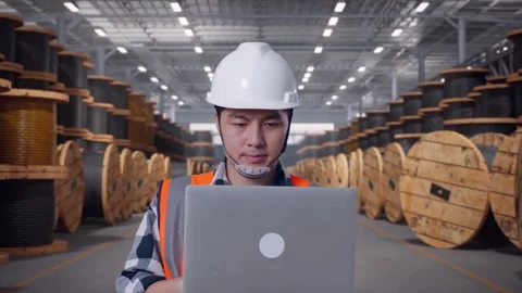 Asian Male Use Computer While Walking With Cable Coils Stock Footage 323918791