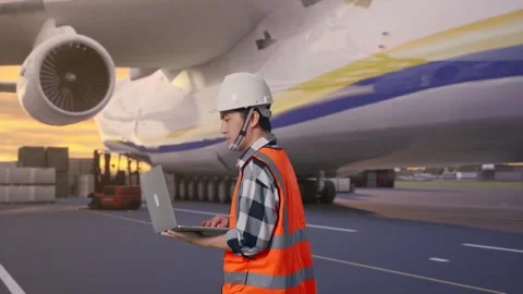 Asian Male Use Computer While Walking with Cargo Aircraft Stock Footage 325866116
