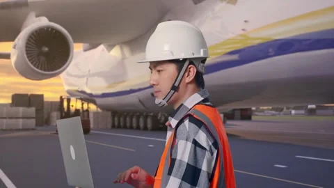 Asian Male Use Computer While Walking with Cargo Aircraft Stock Footage 325866611