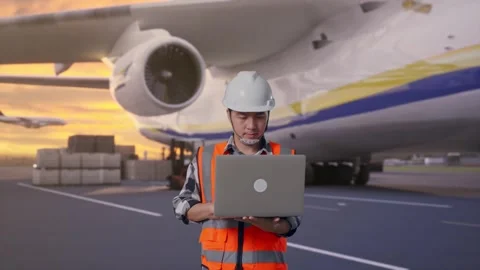Asian Male Use Computer While Walking with Cargo Aircraft Stock Footage 325867366